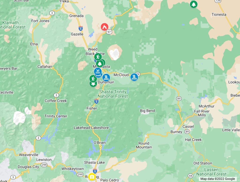 Map of things to do in Mount Shasta