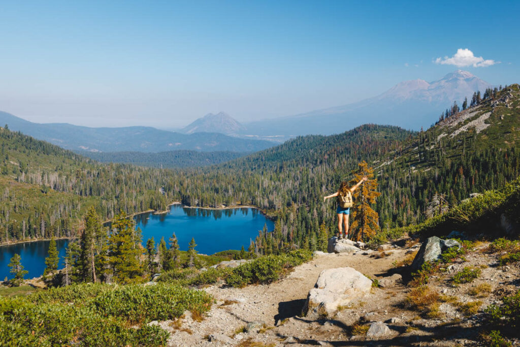 Hiker at Castle Lake View Point one of the best things to do in Mount Shasta