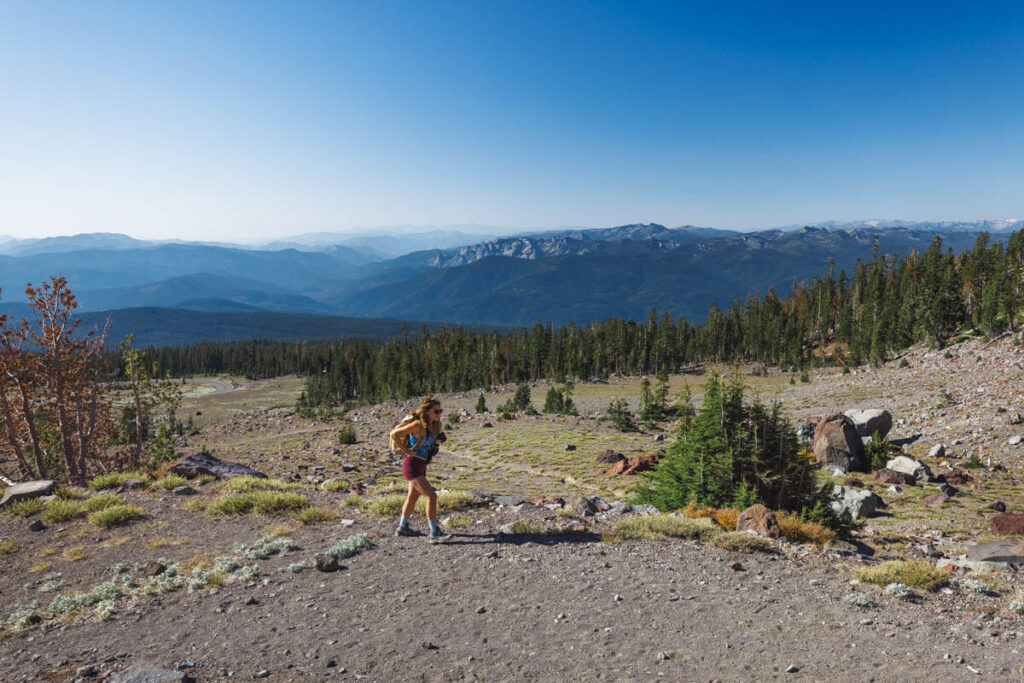 Hiker on the Old Ski Bowl Trail for best hikes in Mount Shasta