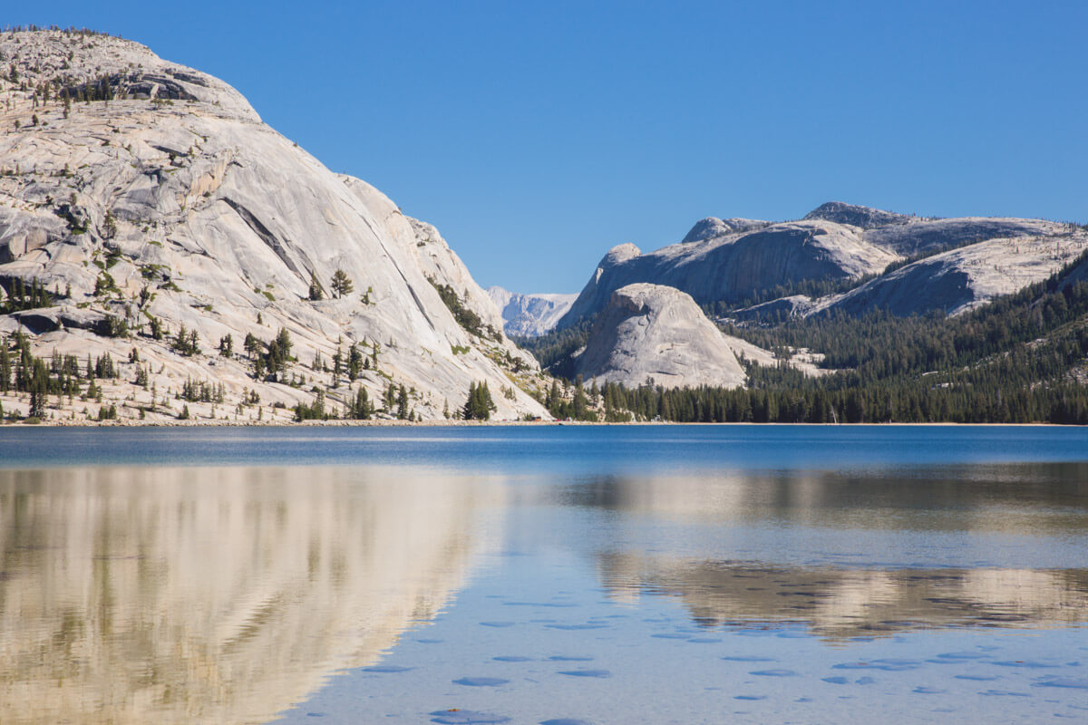 Reflections of mountains and trees in in Tenaya Lake on a sunny day in Yosemite National Park.