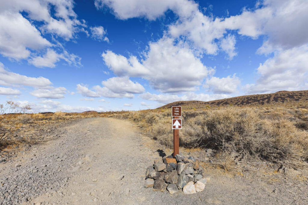 Trailhead sign for the Mojave Desert Lava Tube