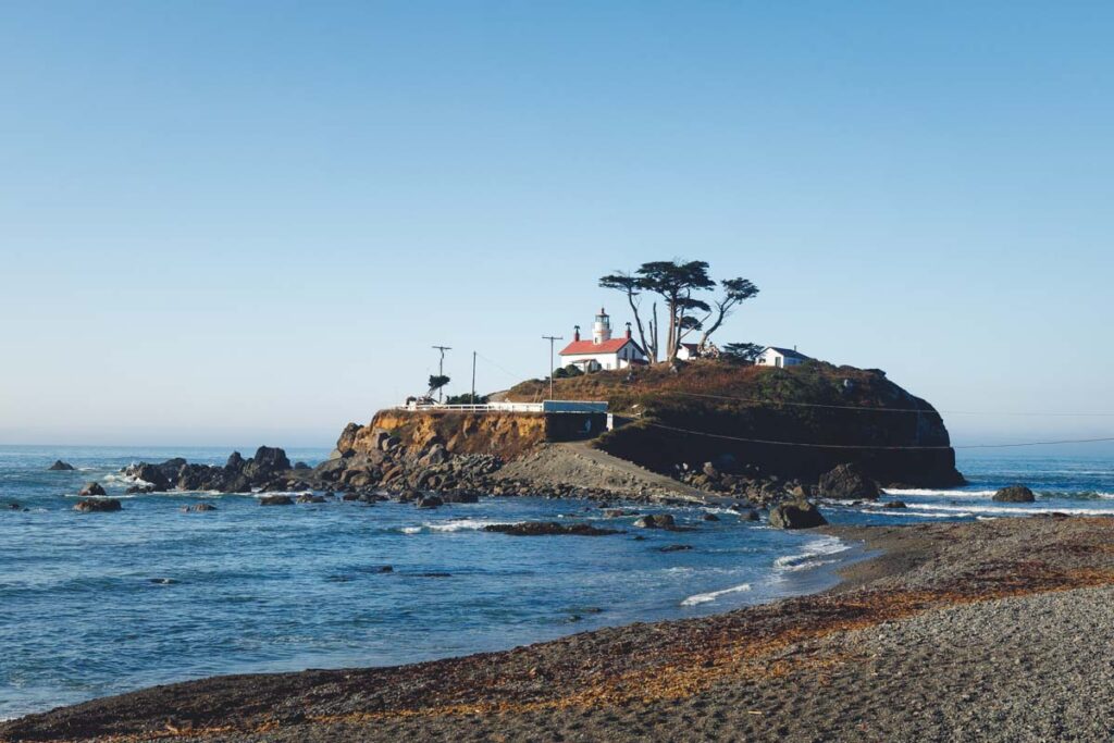 Battery Point Lighthouse at the end of a beach