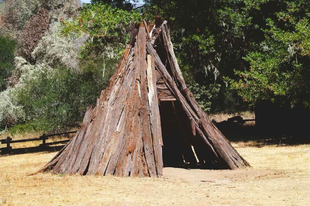 A traditional Miwok redwood bark hut on Indian Beach.