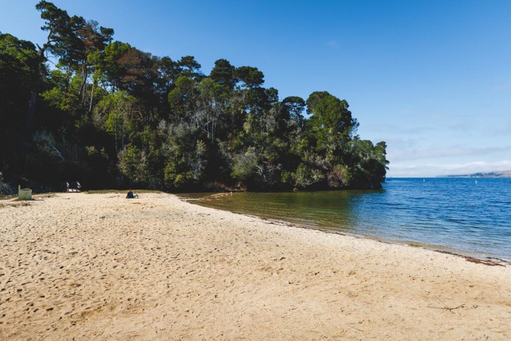 A woman sits and relax on Shell Beach in Tomales Bay State Park.