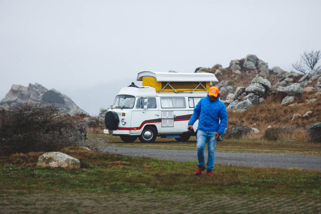 A man and his campervan in Salt Point State Park campgrounds.