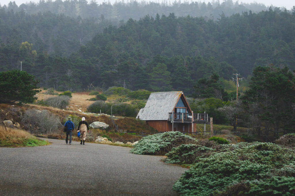 Two men walking past a beautiful wooden cabin with a backdrop of trees in Salt Point State Park.