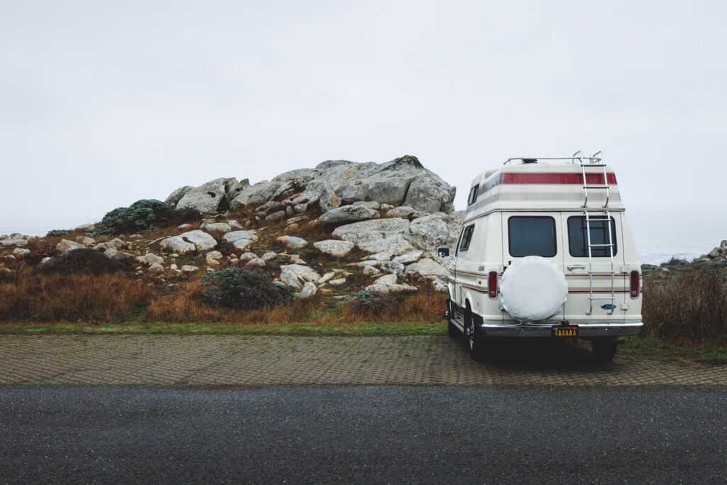 A campervan parked up in Salt Point State Park.