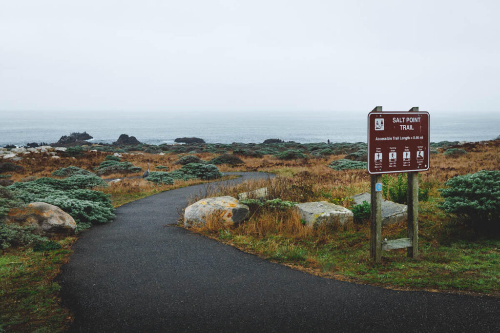 Salt Point trailhead sign by a winding path across the oceanside.