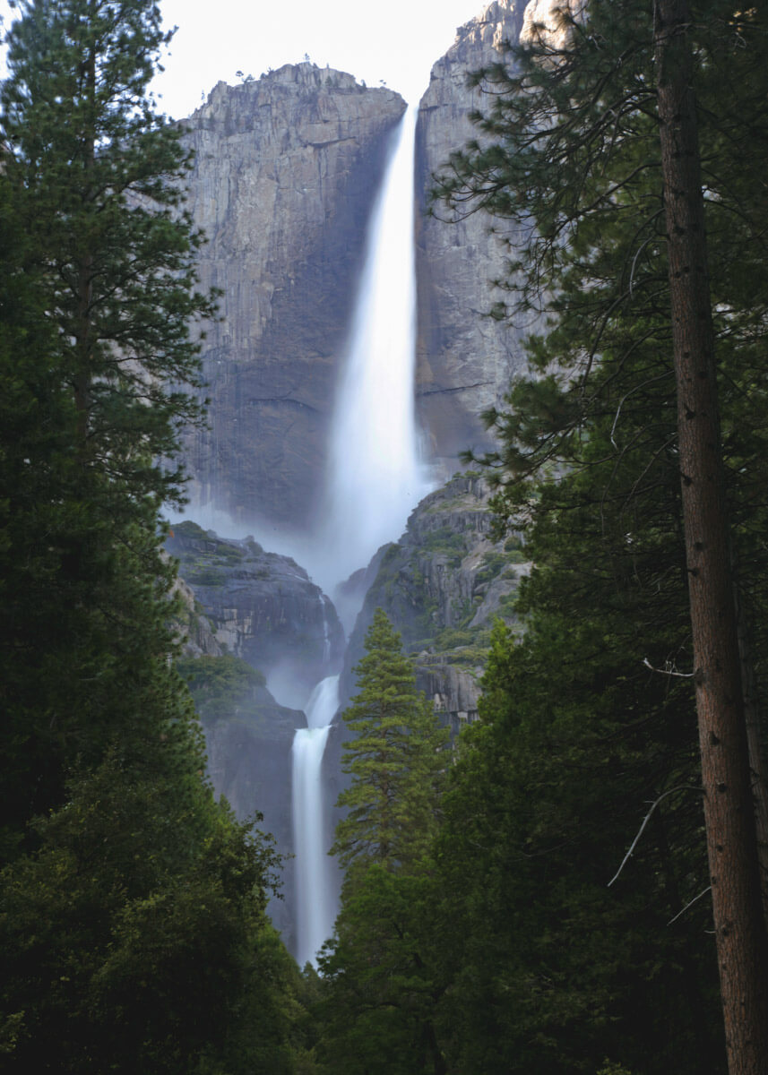 Pine trees frame the huge Yosemite Falls as it cascades over two separate tiers.