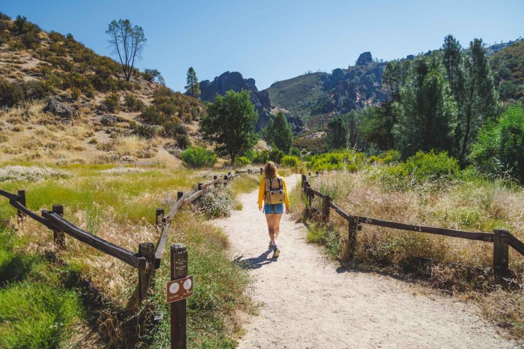 Nina walking along a fenced pathway on the Balconies Trail in Pinnacle National Park.