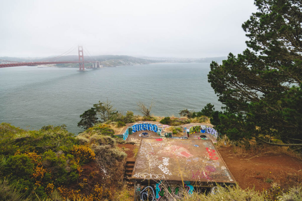 A dilapidated Battery Wagner overlooking Kirby Cove and the Golden Gate bridge.