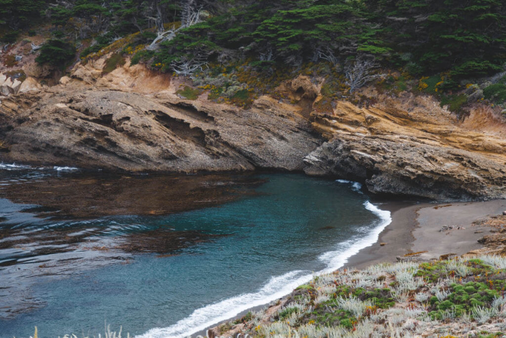 Small beach and blue water along Sea Lion Point Trail in Point Lobos State Natural Reserve.