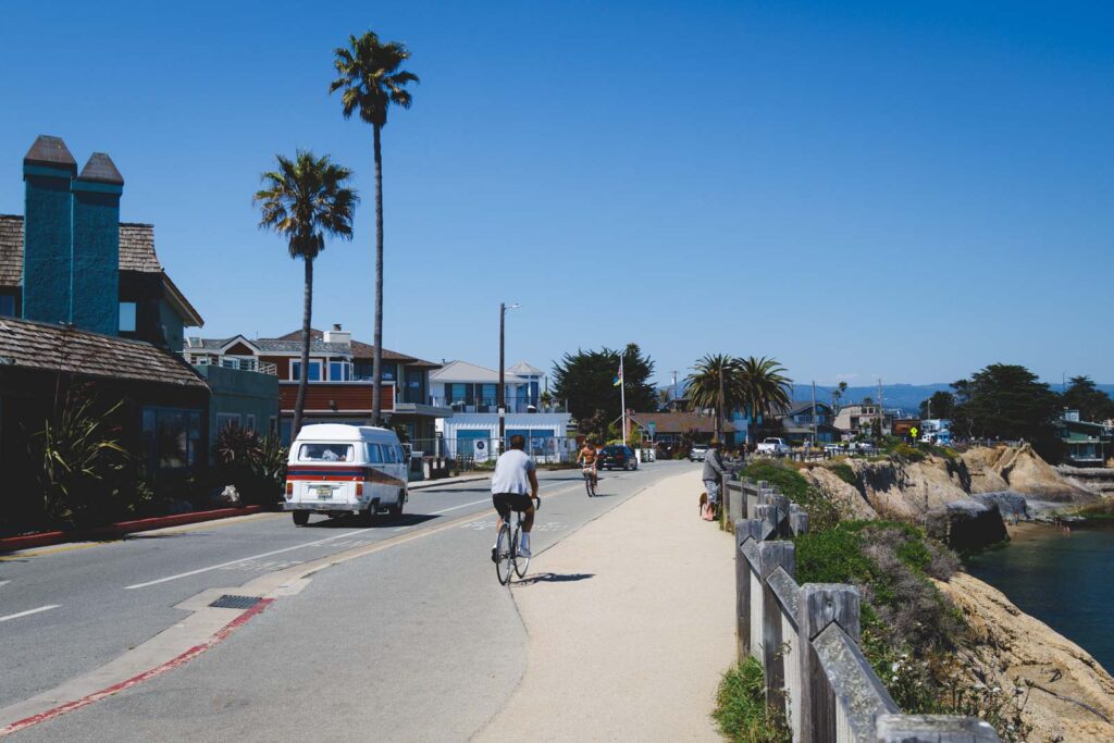 Cyclists on a cycle path in Santa Cruz while a campervan passes them on a palm tree-lined road.