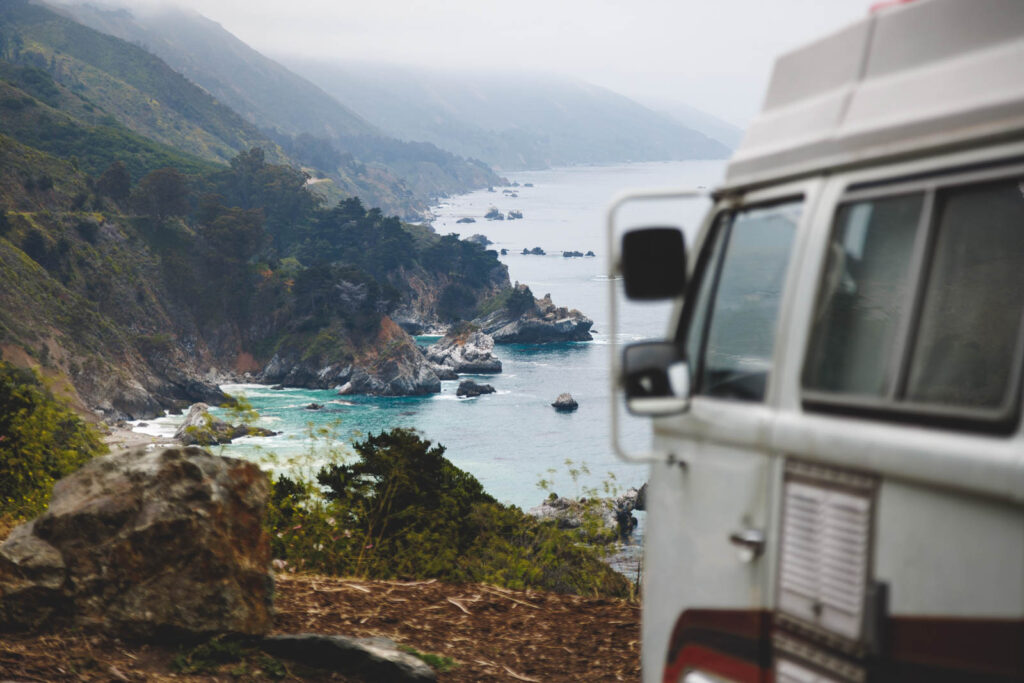 A view of Julia Pfeiffer Burns State Park from a campervan overlooking the cliffs.