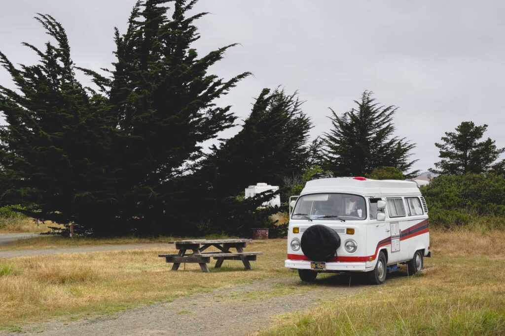 A VW camper parked up on at San Simeon Campground at the end of the Big Sur drive.