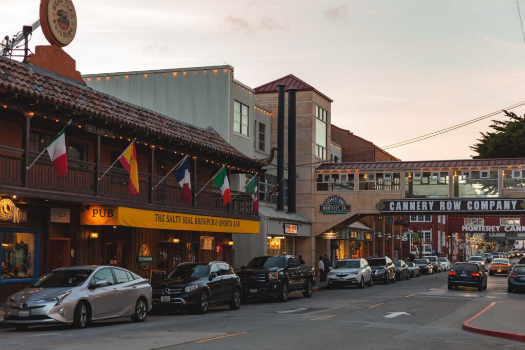 The famous Cannery Row street at sunset in Monterey.