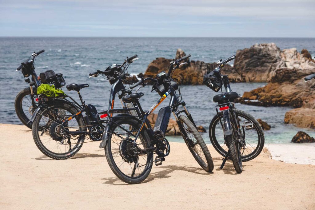 A group of unattended e-bikes besides the ocean on an overcast day.