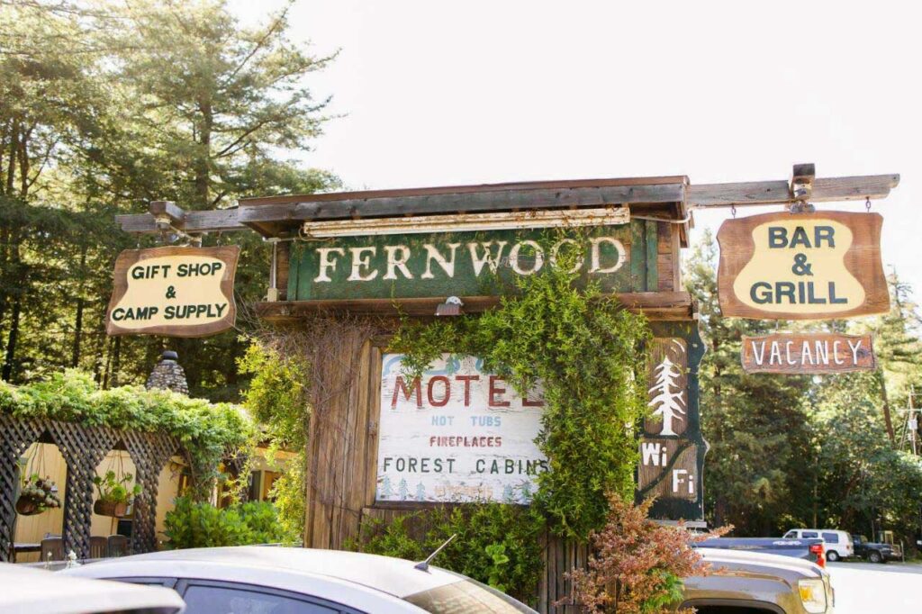 The welcome sign into Fernwood Resort along Big Sur.