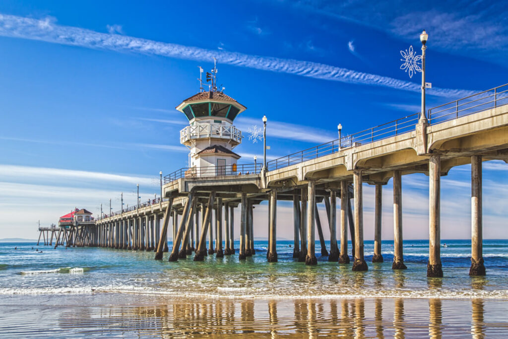 Huntington State Beach Pier on a sunny Californian day.