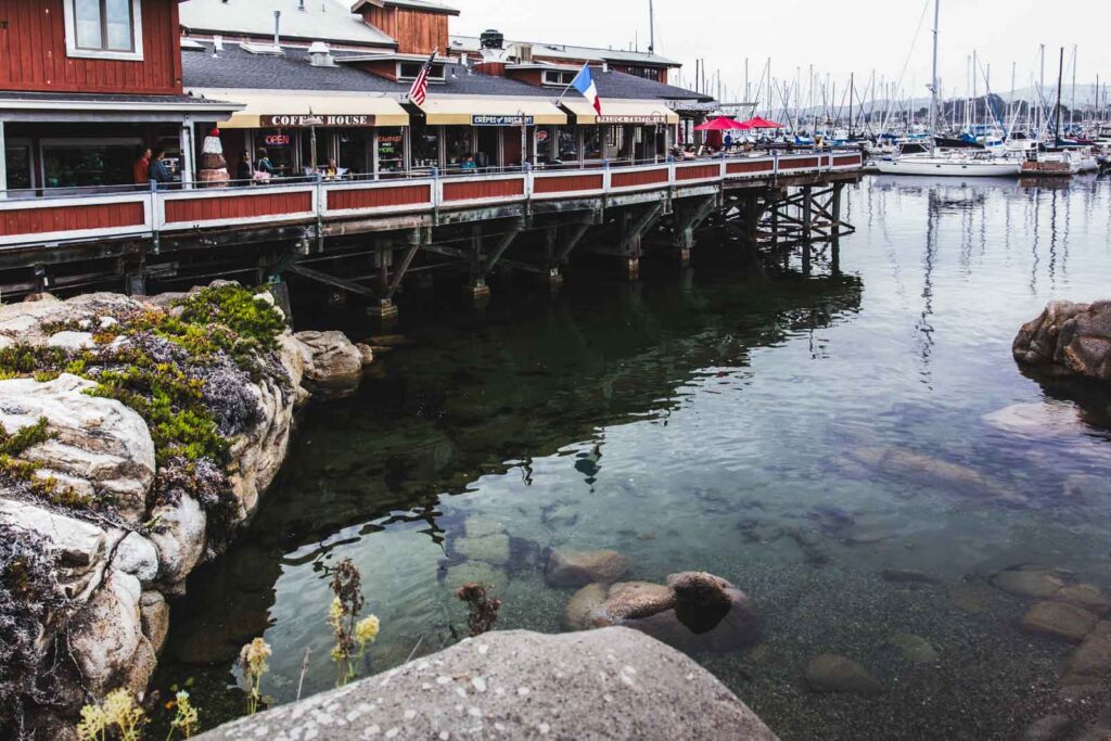 Shops along Old Fisherman's Wharf that's built on a pier.