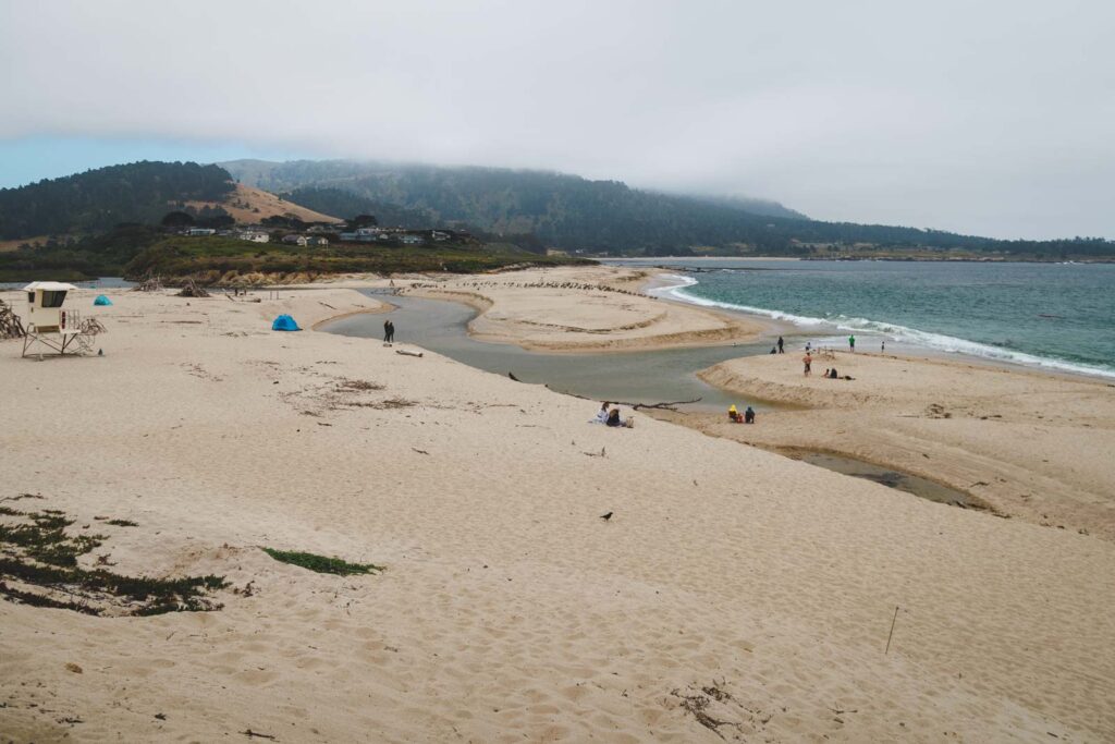People enjoying their time on a sandy Carmel River State Beach on an overcast day.