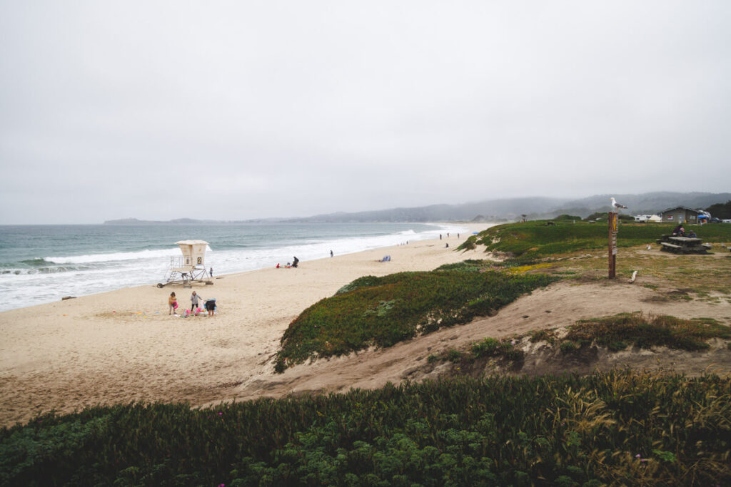 A few tourists on Francis Beach in Half Moon Bay State Park.