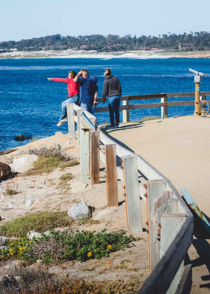 Tourists sitting on a wooden fence looking out to sea along 17 Mile Drive.