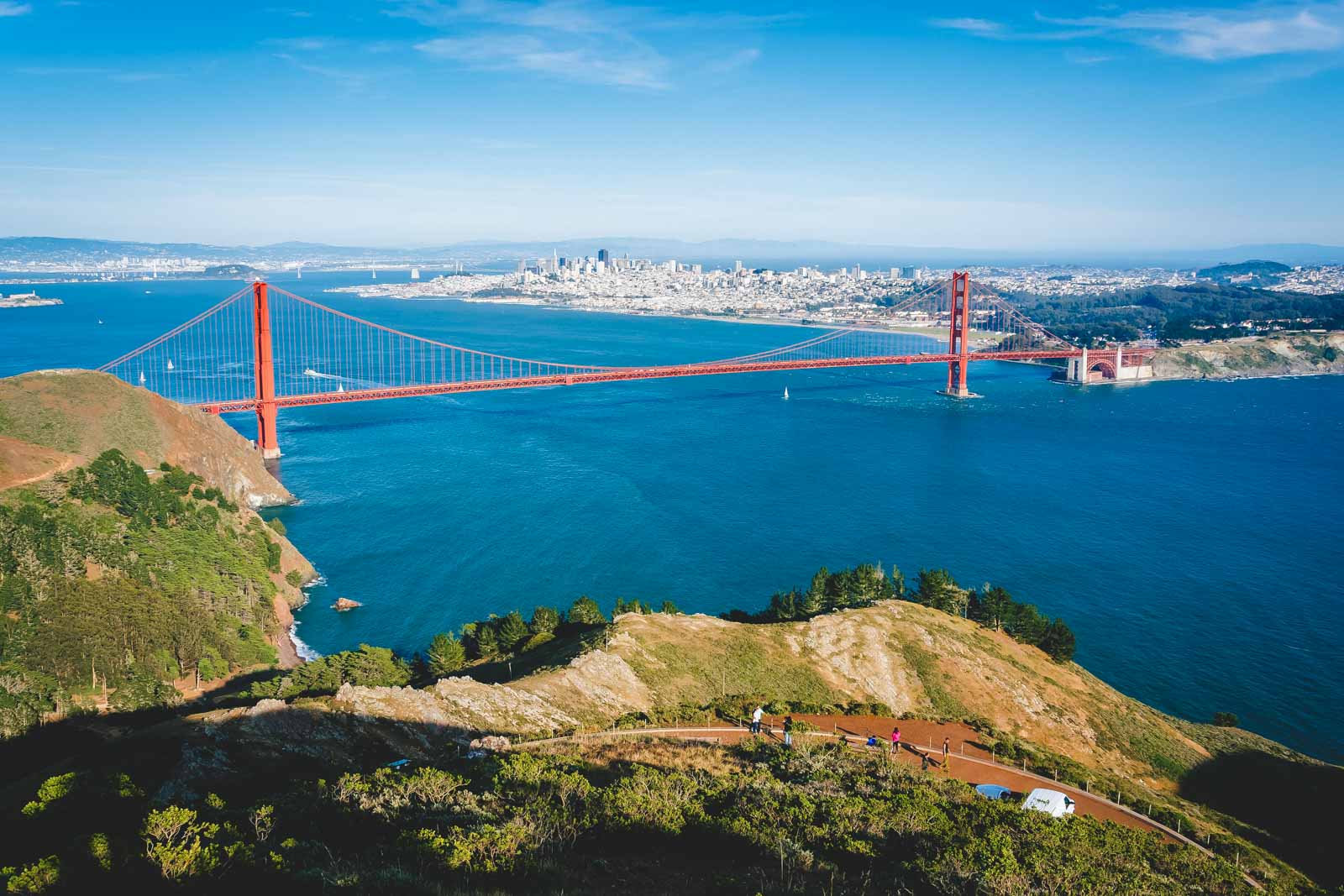 A viewpoint of the full Golden Gate Bridge from Battery 129 on Hawk Hill.