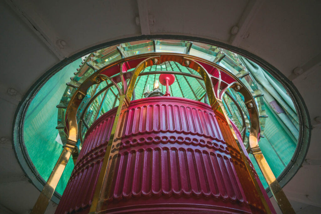 The colorful interior of Point Reyes Lighthouse lamp.