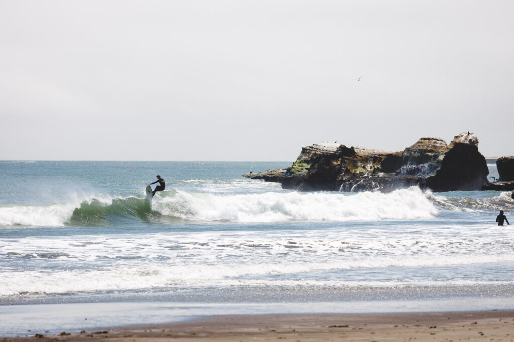 An expert surfer carving a wave on Cove Beach in Año Nuevo State Park.