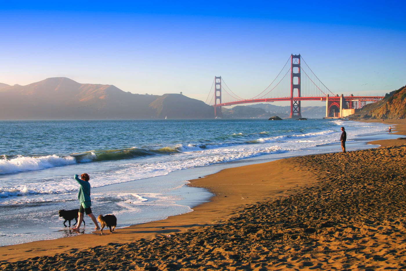Lady walking dogs on Baker Beach at sunset besides the Golden Gate Bridge.