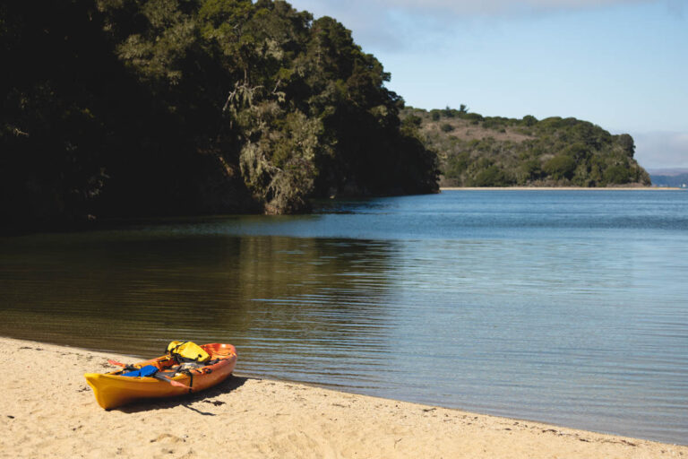 A kayak sitting on the shore of a beach in Tomales Bay State Park.