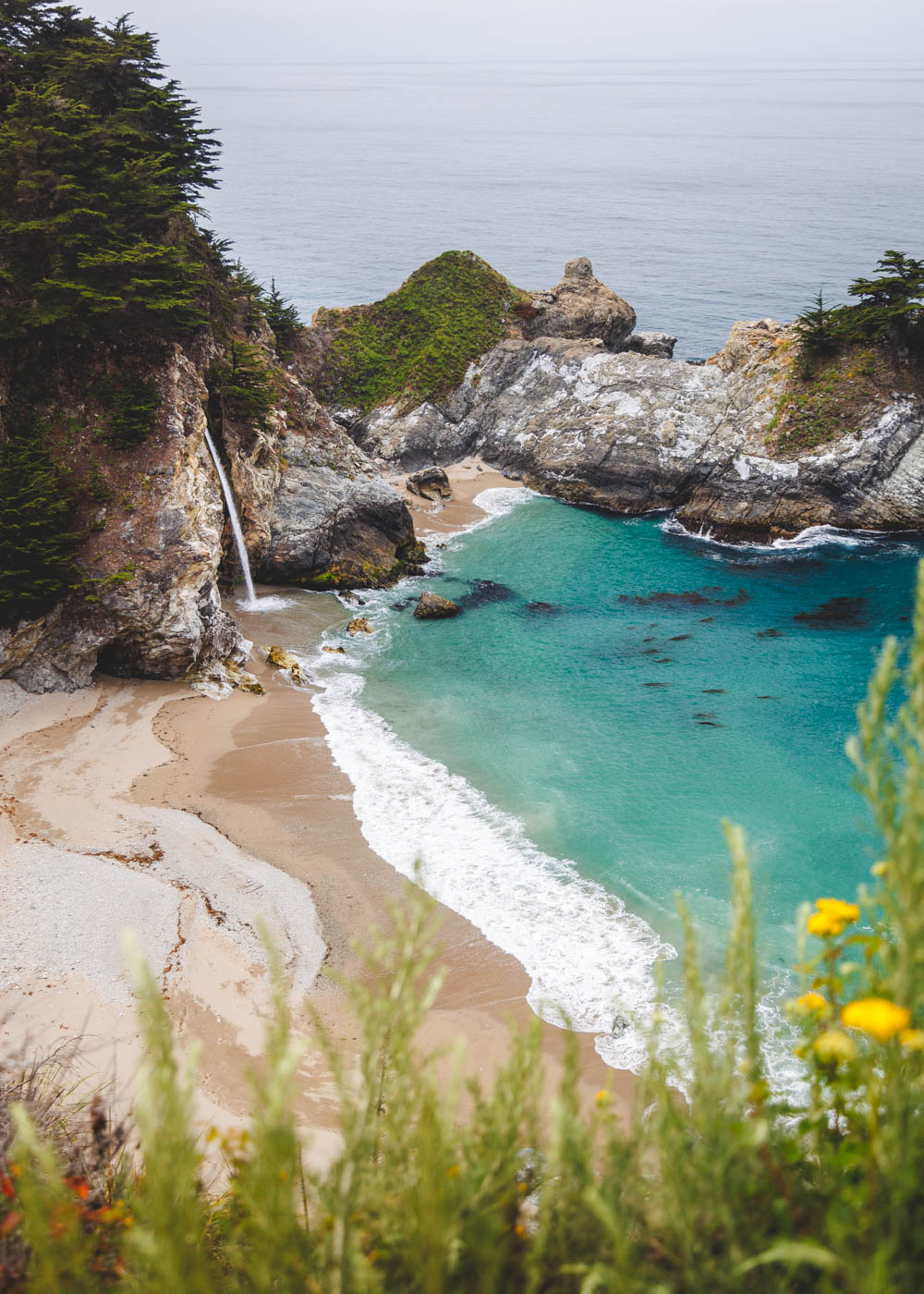 View over McWay Falls falling onto the beach framed by plants.