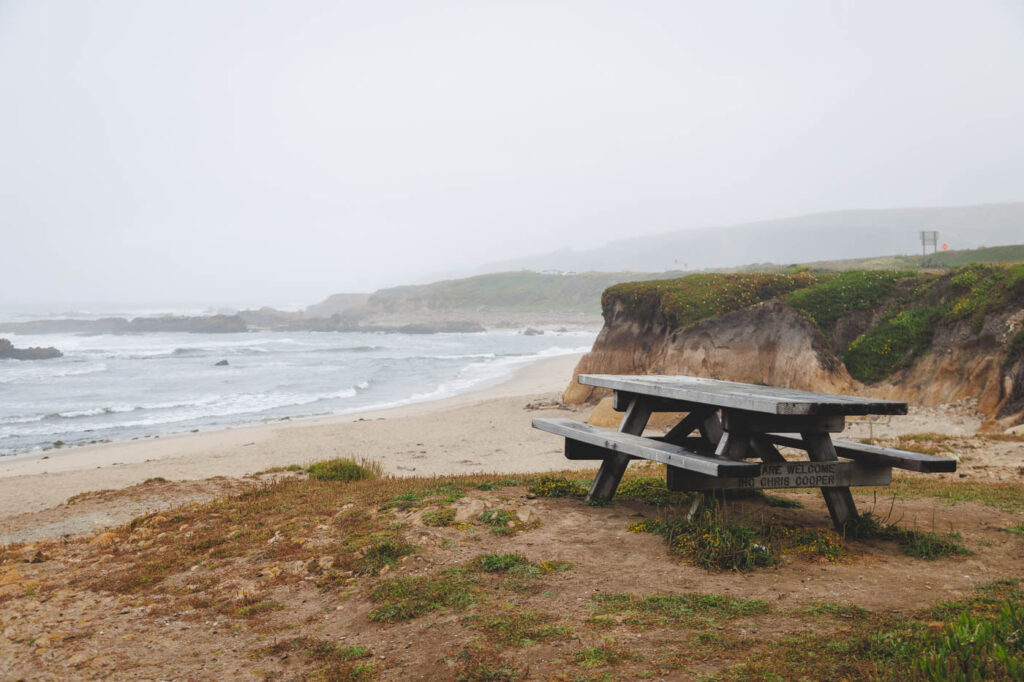 Empty picnic bench overlooking Pescadero State Beach on a misty day.