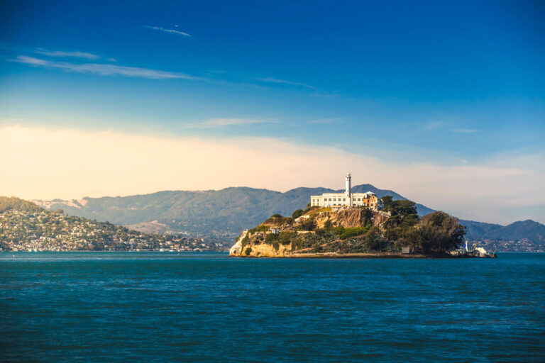 Alcatraz island at sunset in San Francisco Bay area.