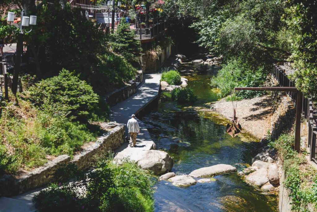 Ederly man walking along a foliage-lined pathway besides a river on the San Luis Obispo Creek Trail.