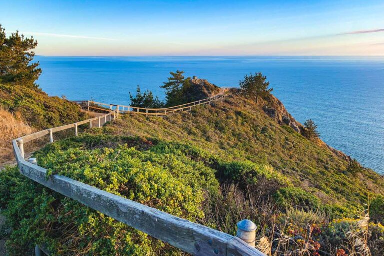 Path leading down to Muir Beach overlook at sunset in the Golden Gate National Recreational Area.