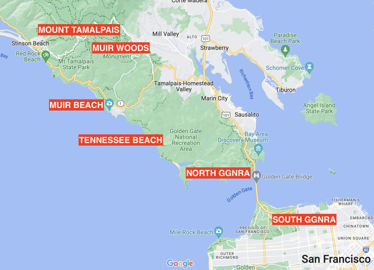 Golden Gate National Recreation Area map showing all of the different areas starting at the top - Mount Tamalpais, Muir Woods, Muir Beach, Tennessee Beach, North GGNRA, South GGNRA