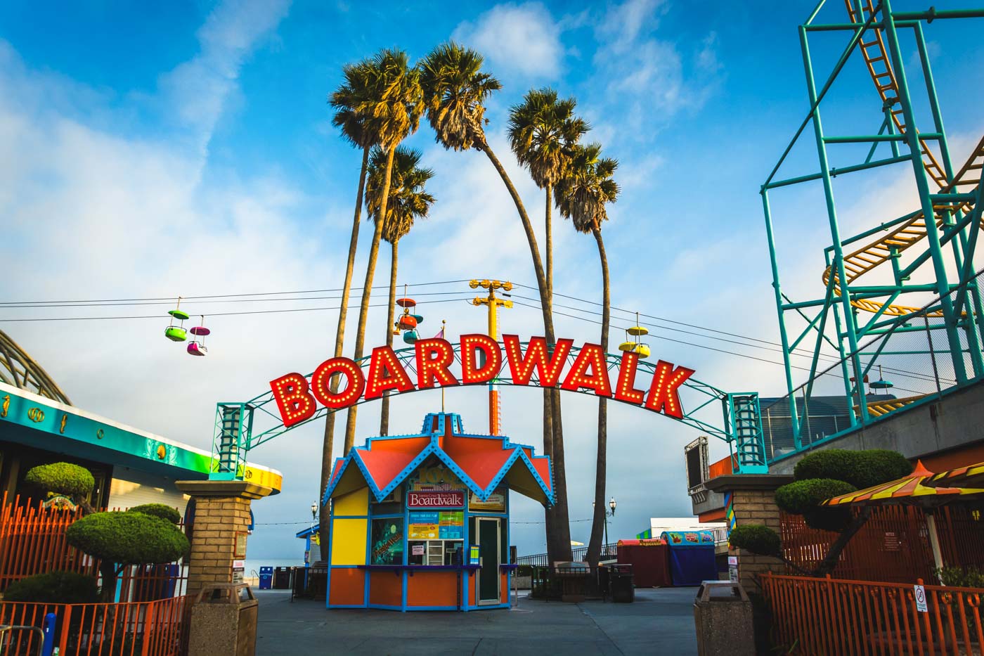 The colorful entrance to Boardwalk theme park in Santa Cruz.