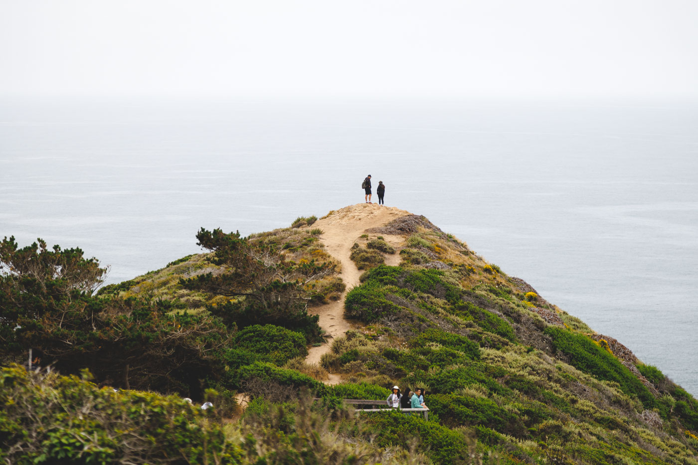 A couple standing on the summit of Whales Peak surrounded by bushes and looking out over a view of the pacific ocean.