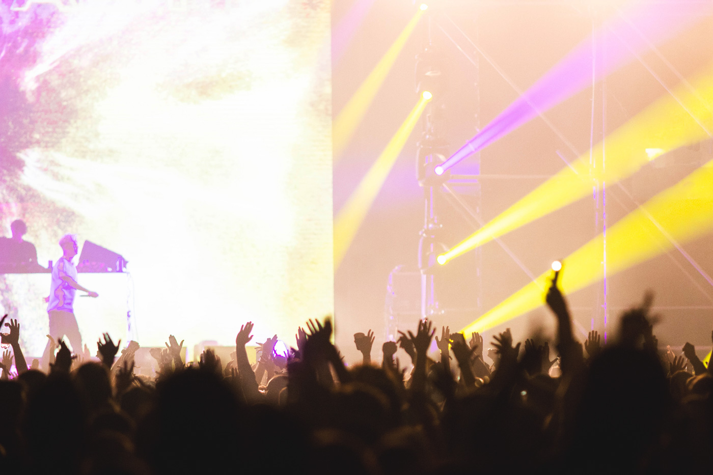 A crowd of people with their hands in the air at a concert shining yellow and purple lights.