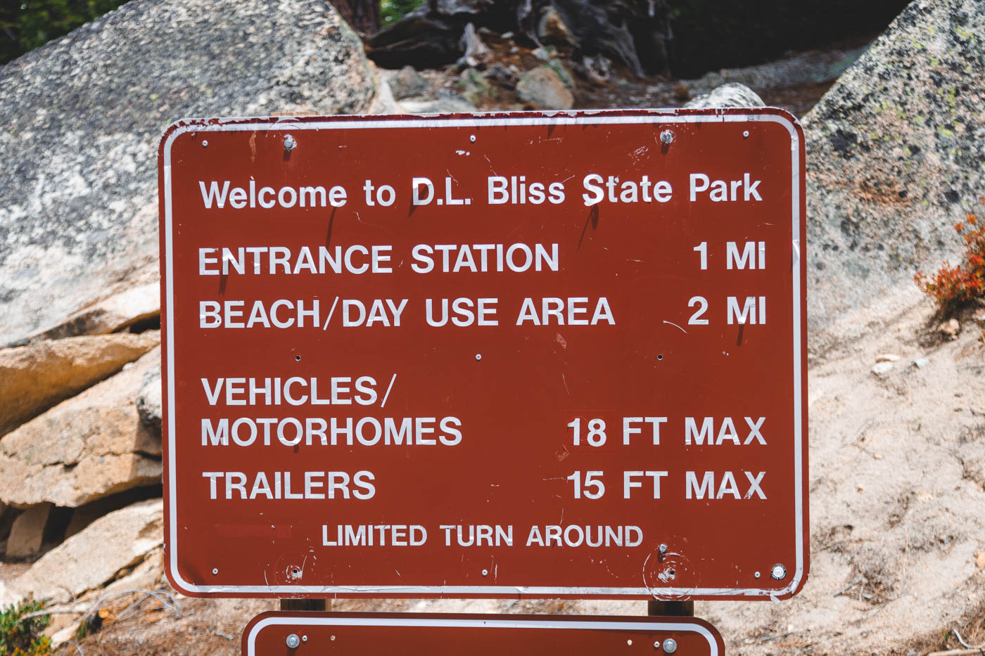 The welcome information sign into D.L. Bliss State Park.