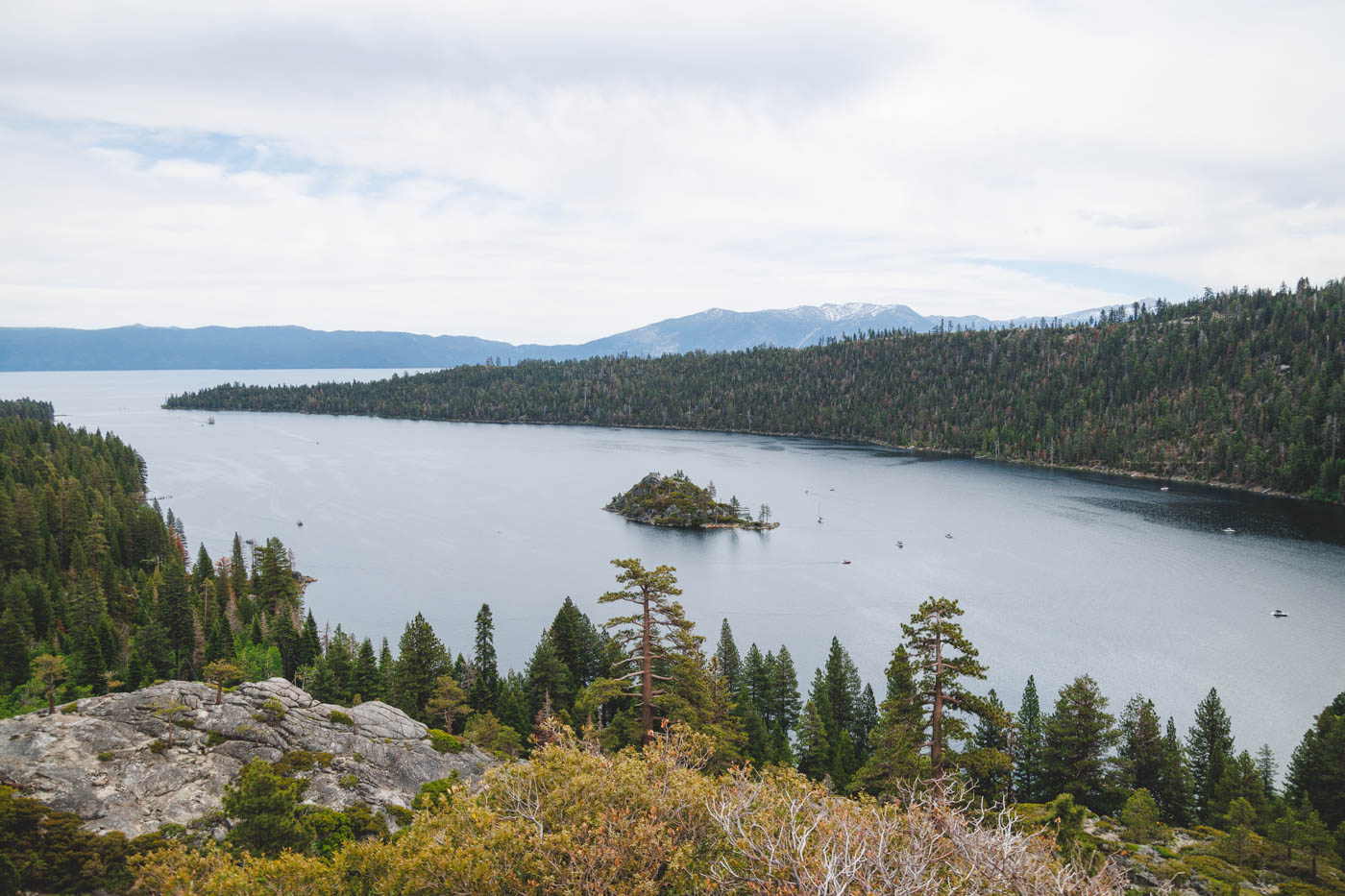 A view over the lake, forests and mountains of Emerald Bay State Park from the lookout.