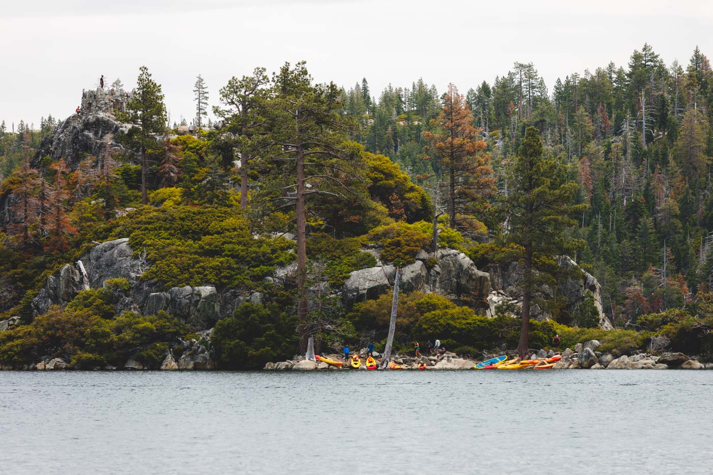 Red and yellow kayaks on a small beach on Fannette Island in the middle of Lake Tahoe with trees and bushes everywhere.