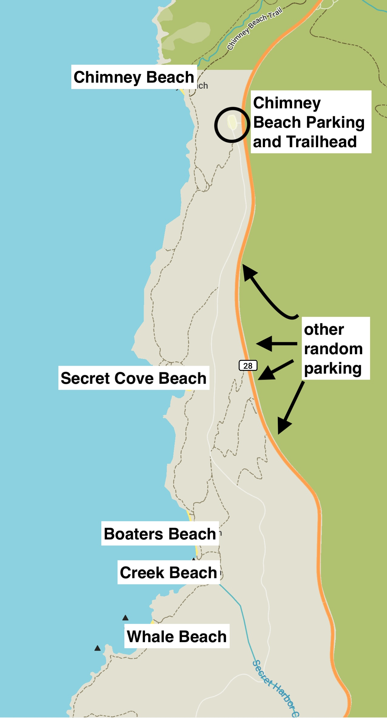 A map of Secret Cove Beach and the surrounding areas.