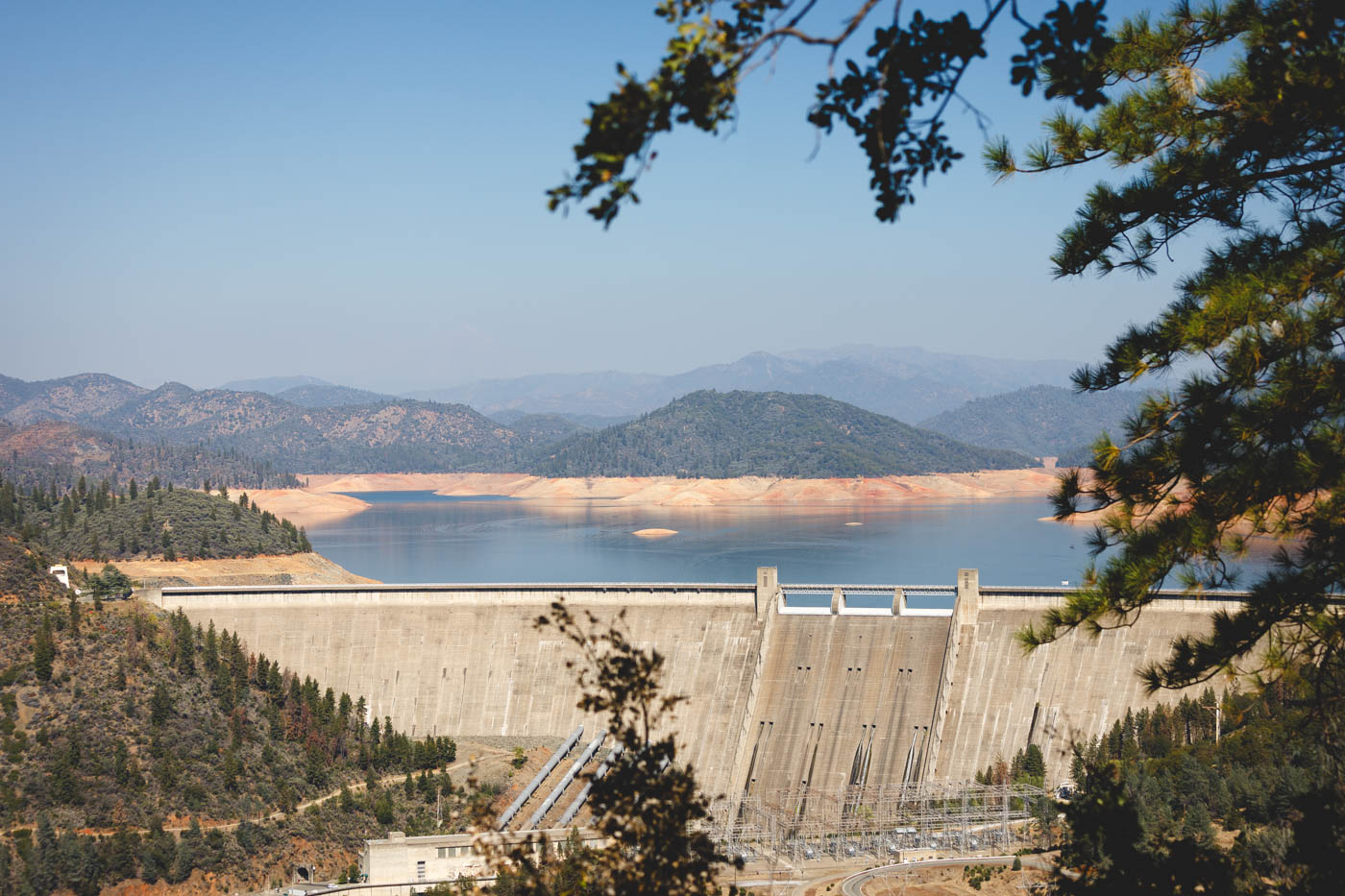 A tree-framed view of the huge, concrete Shasta Dam from the overlook nearby.
