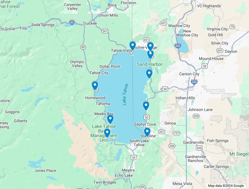 Pin points on a map showing the best locations for view of Lake Tahoe