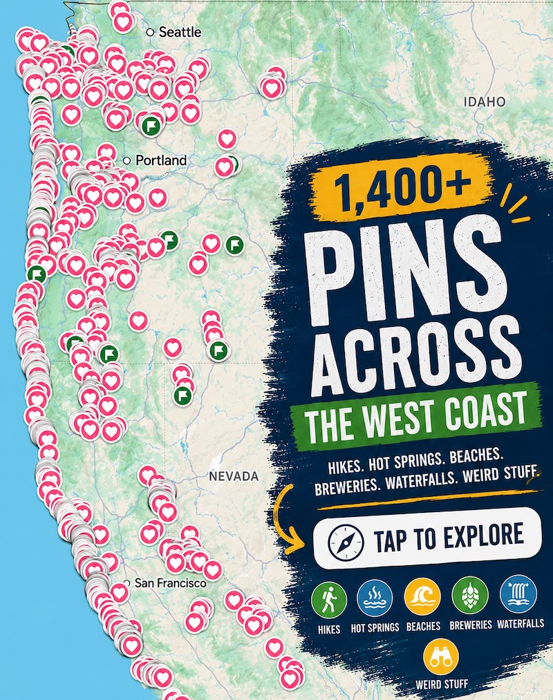West Coast adventure map with 1400 pins
