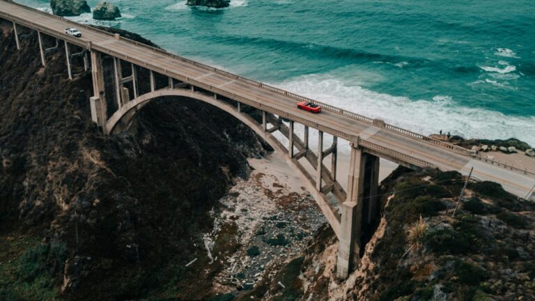 A stunning aerial view of Bixby Creek Bridge along the California coastline.